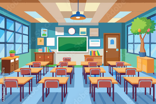 Empty school classroom illustration in flat vector style. Back-to-school concept with desks, chairs, and a chalkboard. Perfect for educational themes and academic designs.