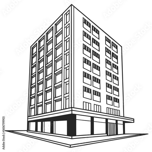 A modern, multistory office building with a grid of windows and a commercial ground floor, presented as a clean black and white line art illustration