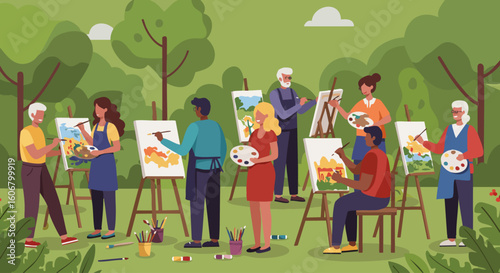 A diverse group of people enjoying a creative plein air painting workshop in a city park