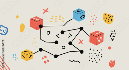 Abstract flowchart diagram with network connections and geometric cubes. Modern illustration of a technological process and data flow.