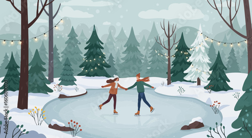 Romantic couple holding hands while ice skating on a frozen pond in a winter wonderland.
