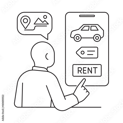 Line art vector showing a person renting a car through a mobile application. Concept of car sharing, vehicle rental, and digital transportation service.