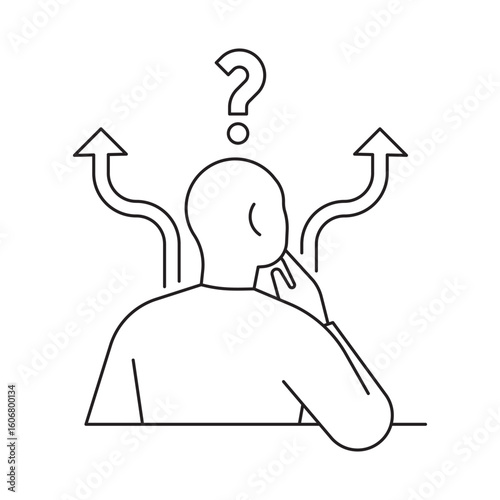 Outline vector of a person facing multiple choices, symbolized by arrows and a question mark. Abstract concept of decision making, confusion, or choosing a strategy.