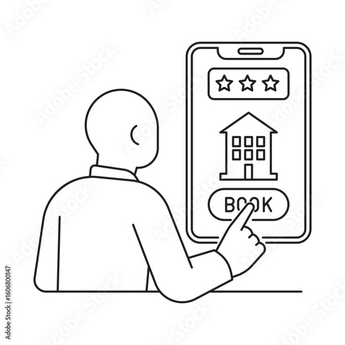 Line vector illustration of a person booking a hotel online using a smartphone app. Concept of travel planning, vacation reservation, and mobile technology.