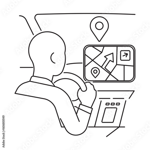 Vector line drawing of a person driving a car using a digital map and navigation system. Modern travel, GPS tracking, and driving technology concept.