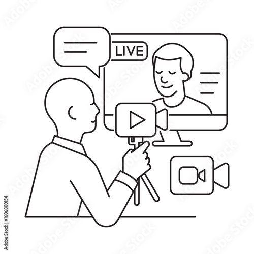 Minimal line art illustration of a person recording a live video or streaming session using a tripod and screen interface. Modern content creation and social media concept.