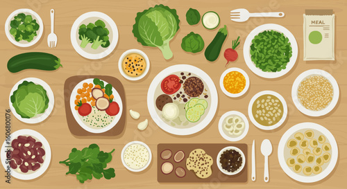 Healthy eating concept with a flat lay of various vegan foods on a wooden table. Fresh vegetables, grains, and legumes for a balanced plant-based diet.
