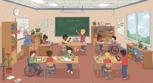 Inclusive Classroom Environment Children of Diverse Abilities Learning Together in a Modern School Setting