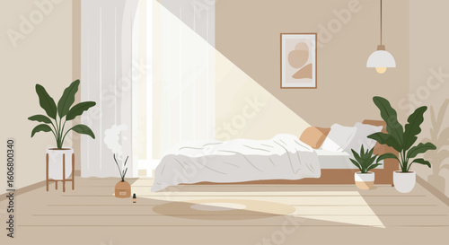Tranquil and Minimalist Bedroom Interior with Abundant Natural Sunlight, Featuring Potted Green Plants and Modern Design Elements for a Serene Home Sanctuary.