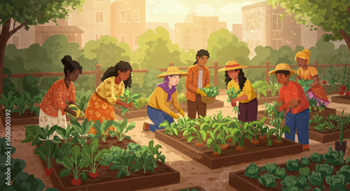 A diverse group of neighbors working together in a sunny urban community garden, tending to raised vegetable beds.