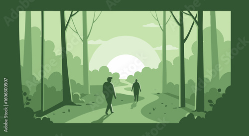 Couple Walking on a Forest Path During a Peaceful Sunrise