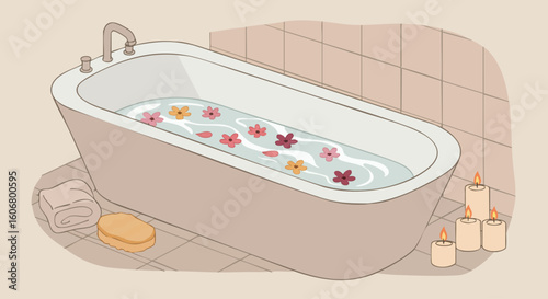 Peaceful home spa scene with a warm bath, aromatic flowers, and glowing candles for relaxation