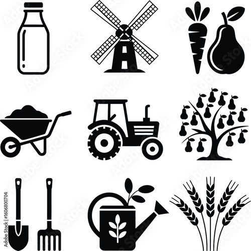 Farming agriculture vector icons set milk windmill tractor harvest gardening equipment illustration