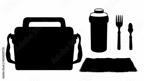 Black and white silhouette of a lunchbox, water bottle, fork, spoon, and a picnic blanket laid out | editable eps vectors