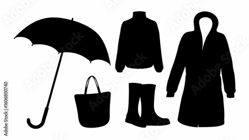 Silhouette illustration of an umbrella, tote bag, jacket, rain boots, and hooded raincoat on white background | editable eps vectors