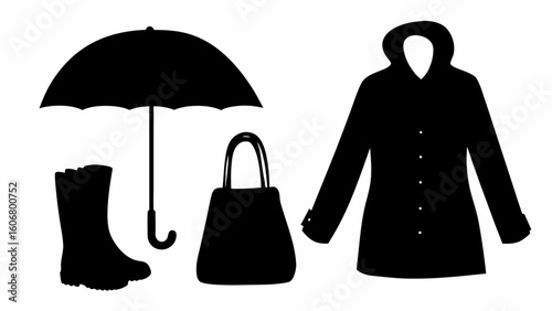 Silhouette illustration featuring an umbrella, rain boots, a handbag, and a hooded raincoat in black color | editable eps vectors