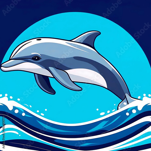 Ocean's Embrace: A playful dolphin leaps from the waves, captured in a captivating illustration set against a serene oceanic backdrop, embodying freedom and joy.