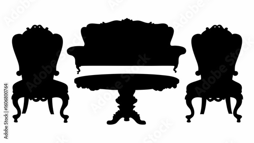 Silhouette of antique furniture arrangement featuring two ornate chairs a sofa and a round table design | editable eps vectors
