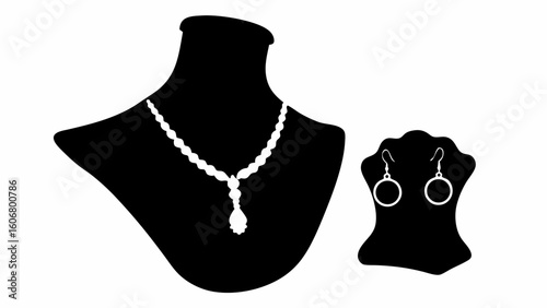 Necklace on a bust and earrings on a stand in black and white jewelry display silhouette design | editable eps vectors
