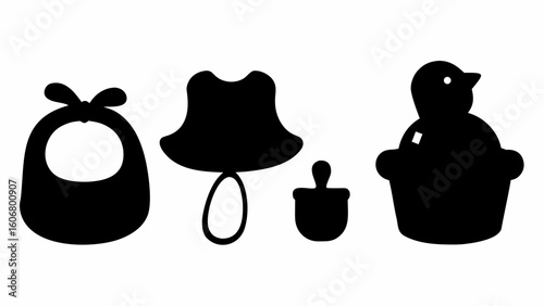 Silhouette of baby bib with bow, sun hat, baby bottle, and a chick in a basket all in black color | editable eps vectors