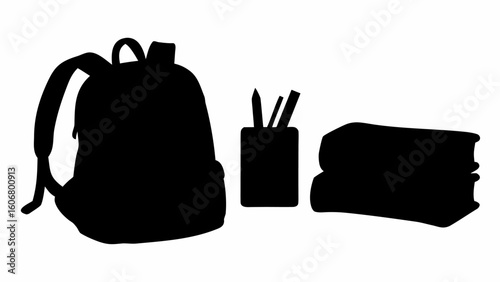 Silhouette image showing a backpack, a pencil holder with pencils and two books stacked together | editable eps vectors