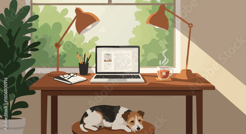 A cozy home office scene illustrating a peaceful remote work setup with a laptop, tea, and a sleeping dog.