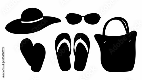Black silhouette of beach accessories including a hat sunglasses flip flops mittens and tote bag design | editable eps vectors