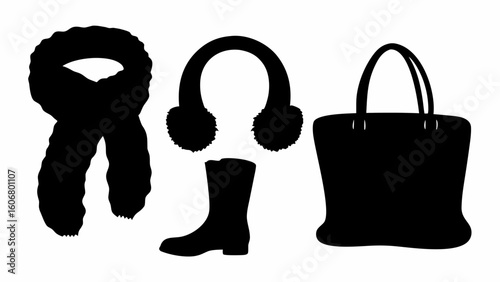 Silhouette of a scarf, earmuffs, a boot, and a tote bag arranged in a row on a white background | editable eps vectors