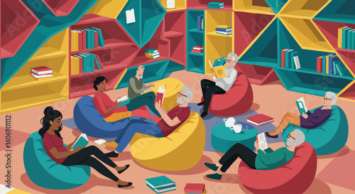 Community of readers relaxing on beanbag chairs, sharing a passion for literature in a vibrant, modern library.