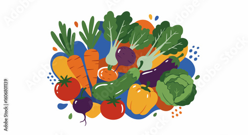 Vibrant illustration of a bountiful harvest of fresh organic vegetables. Concept for healthy eating, nutrition, and vegetarian lifestyle.