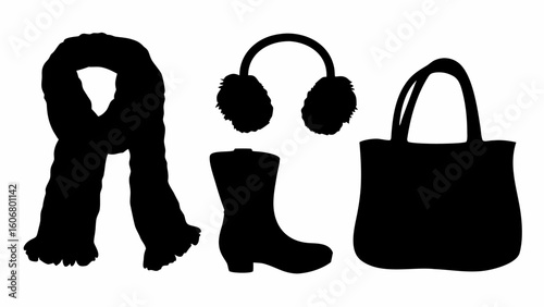 Silhouette of a scarf, earmuffs, a boot, and a tote bag arranged on a white isolated background | editable eps vectors