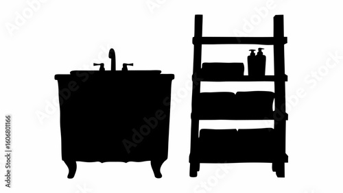 Silhouette of a bathroom vanity with a sink and faucet next to a shelf with towels and bottles shown | editable eps vectors