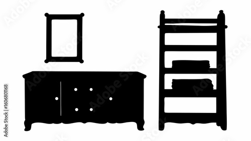 Silhouette of a dresser with a mirror above and a shelf unit with towels displayed on shelves | editable eps vectors