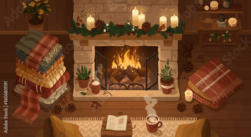 Cozy winter illustration of a living room with a fireplace, hot drinks, and blankets. Hygge concept of a warm, relaxing evening at home.