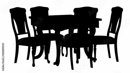 Silhouette of a dining room set featuring a table and four chairs arranged around it in a simple style | editable eps vectors