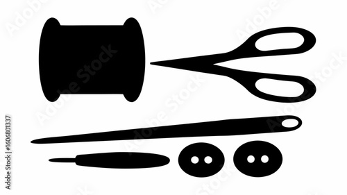 Silhouette of sewing kit with thread spool scissors needle awl and two buttons in black and white style | editable eps vectors