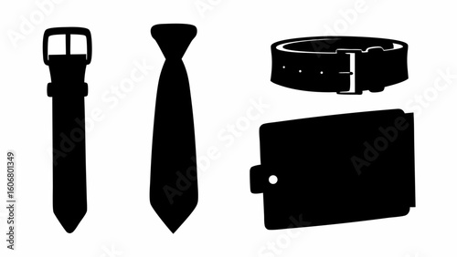 Illustration of a belt, a tie, a wallet and another belt arranged on a white background in silhouette | editable eps vectors