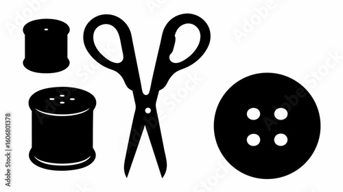 Illustration of two spools of thread scissors and a button in black and white sewing equipment design | editable eps vectors silhouette