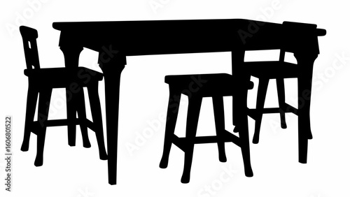 Silhouette of a dining set featuring a rectangular table with two chairs and a stool in a minimalist style | editable eps vectors