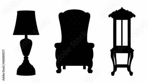 Silhouette illustration of a lamp armchair and table showcasing furniture design and home decor elements | editable eps vectors