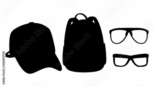 Illustration of a baseball cap, a backpack, and two pairs of glasses, all rendered in solid black silhouette | editable eps vectors