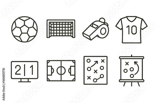 Soccer equipment and strategies icon set with ball, goal, whistle, jersey, scoreboard, field, tactics, planner