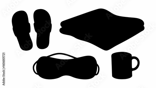 Silhouette of slippers, folded blanket, sleep mask, and mug arranged on a white background scene view | editable eps vectors
