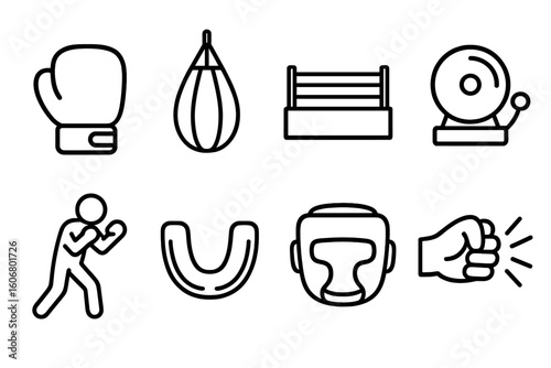 Boxing icon set: glove, punching bag, ring, bell, fighter, mouthguard, headgear, fist