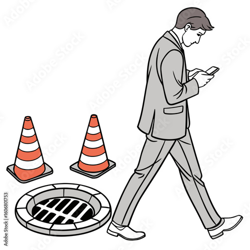 A man in a suit walks while looking at his smartphone, passing by traffic cones and a manhole cover on a white background