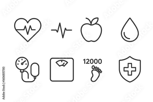 Health icons: heartbeat, apple, water, blood pressure, scale, steps, medical shield