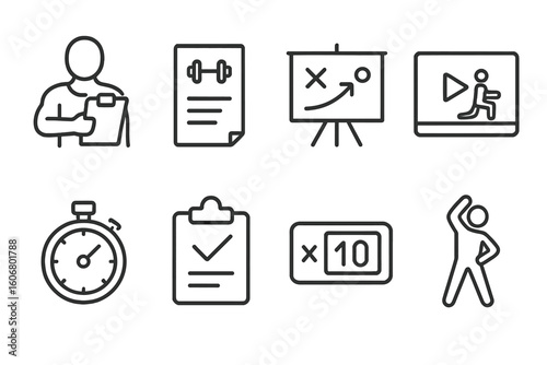 Icon set: fitness coach, workout plans, strategy, video, stopwatch, checklist, sets, exercise