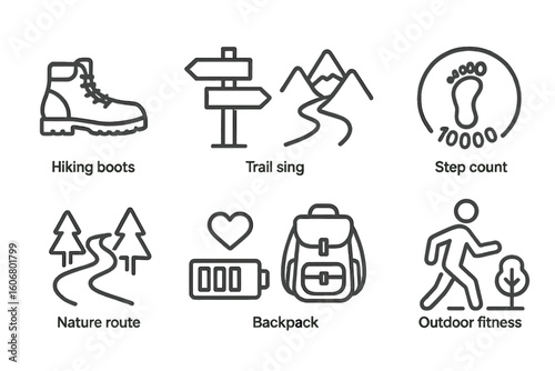 Hiking and outdoor activity icons featuring boots and trail signs