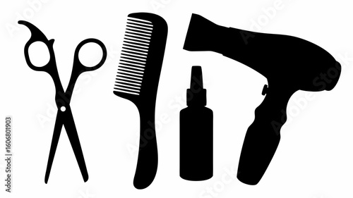 Illustration of hairdressing tools including scissors comb hair oil and a hair dryer in black silhouette | editable eps vectors