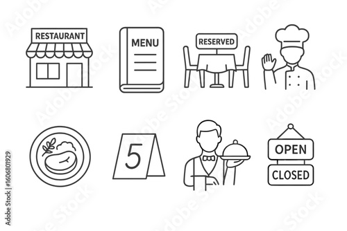 Restaurant icon set featuring menu, reservation, chef, dish, waiter, open closed signs